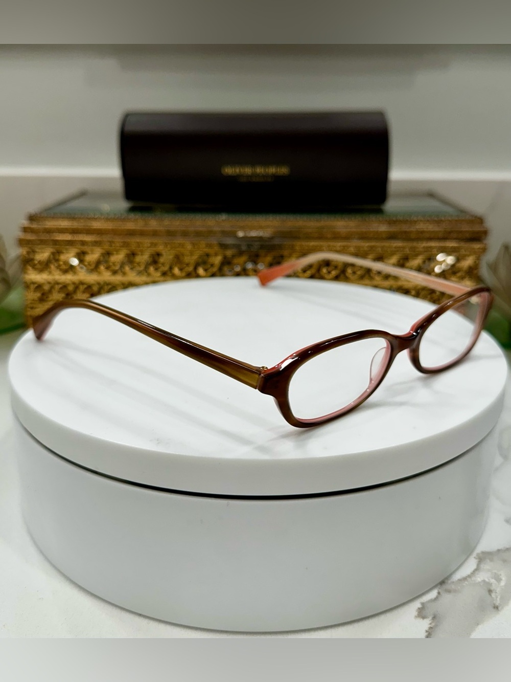 Oliver Peoples Ninette Slim Pink/Tort Patterned Rx Eyeglass Frames & OP case EUC